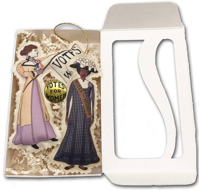 2 Suffragette Cloth Doll Ornaments PLUS Votes for Women Metal Gold Button in White Gift Box. Suffrage Keepsake. image 7