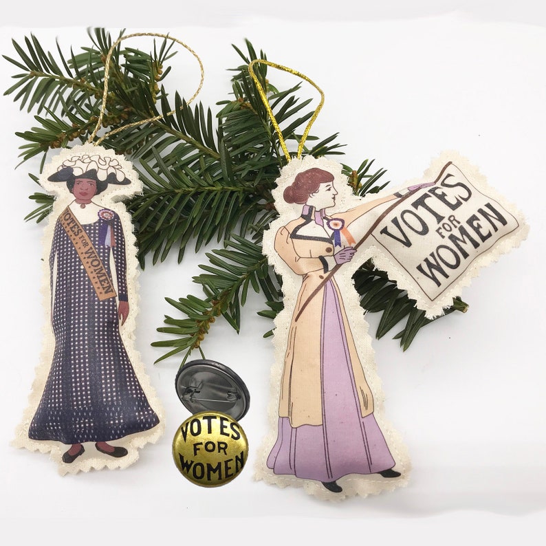 2 Suffragette Cloth Doll Ornaments PLUS Votes for Women Metal Gold Button in White Gift Box. Suffrage Keepsake. image 2