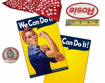 Be a DIY ROSIE the RIVETER with We Can Do It 2-Sided Poster, Rosie Bandana, Name Patch, Official Enamel Collar Pin. Gift