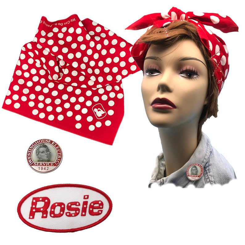 Rosie the Riveter Basic Costume Dress Up Kit Polka Dot Bandana, Name Patch, Lapel Pin, Hand Sign image 2