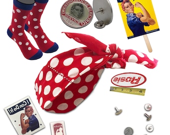 Rosie the Riveter Costume Kit Deluxe- Polka Dot Bandana, Lapel Pin, Socks and More. Authentic WW2 Style. 1940s