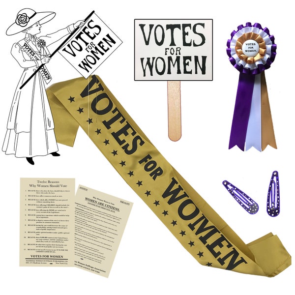 Be a Suffragist. Be a Suffragette. Celebrate 100 years of VOTES FOR WOMEN. 5 Item suffrage costume accessories. Gift