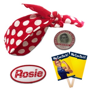 Rosie the Riveter Basic Costume Dress Up Kit Polka Dot Bandana, Name Patch, Lapel Pin, Hand Sign 画像 1