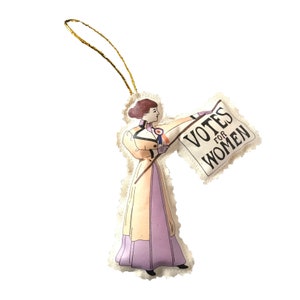 2 Suffragette Cloth Doll Ornaments PLUS Votes for Women Metal Gold Button in White Gift Box. Suffrage Keepsake. image 5