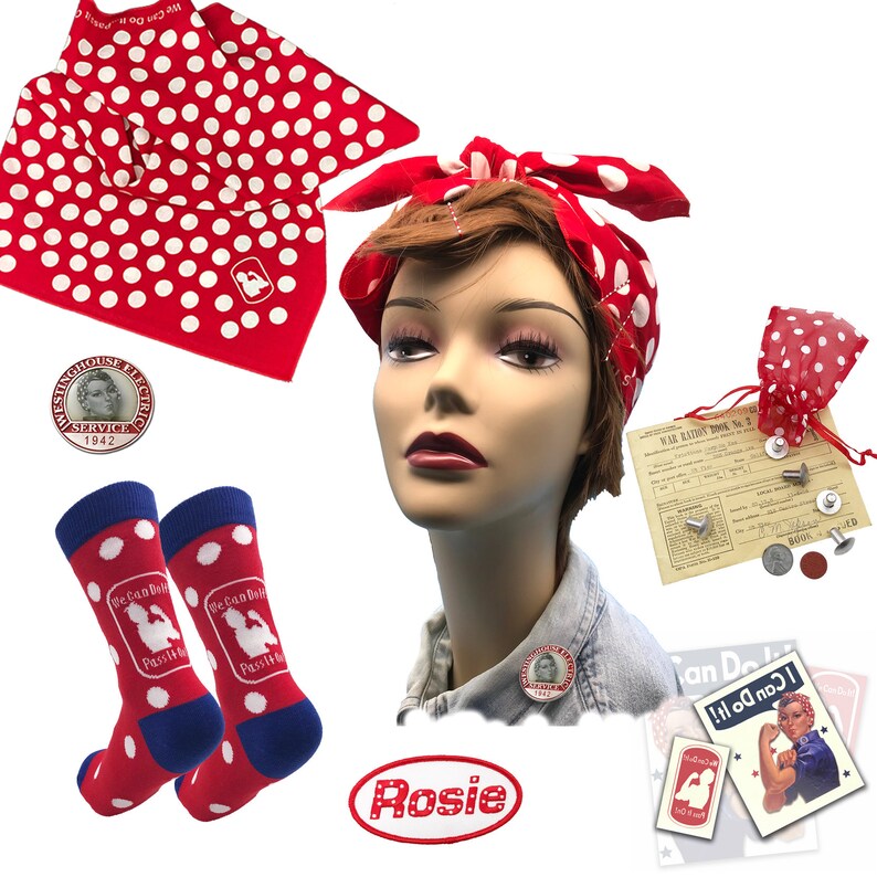 Rosie the Riveter Costume Kit Deluxe Polka Dot Bandana, Lapel Pin