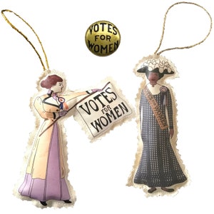 2 Suffragette Cloth Doll Ornaments PLUS Votes for Women Metal Gold Button in White Gift Box. Suffrage Keepsake. image 1