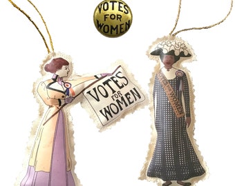 2 Suffragette Cloth Doll Ornaments PLUS Votes for Women Metal Gold Button in White Gift Box. Suffrage Keepsake.