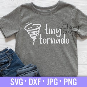 May include: A gray t-shirt with a white design of a tornado and the text "tiny tornado".