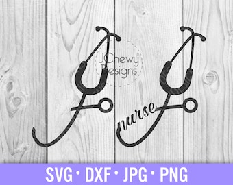 May include: Black and white silhouette of two stethoscopes forming the word "nurse".