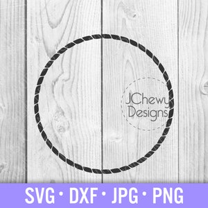 May include: A black rope circle frame on a white wood background. The text "JChewy Designs" is in a circle in the center of the frame.