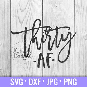 May include: Black and white graphic text design on a wood background. The text reads "thirty -AF-"