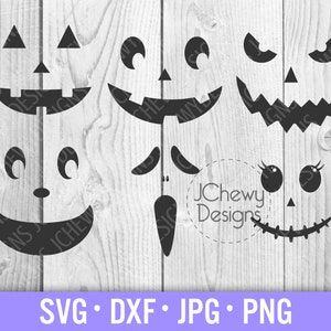 May include: Six black and white pumpkin face designs for Halloween. The designs include a traditional jack-o-lantern face, a smiling face, a frowning face, a face with big eyes, a face with a moustache and a face with eyelashes.