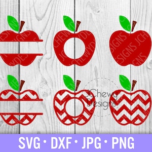 May include: Set of six red apple SVG cut files. The apples have different designs, including a split design for adding text, a circle for adding a monogram, and a chevron pattern.