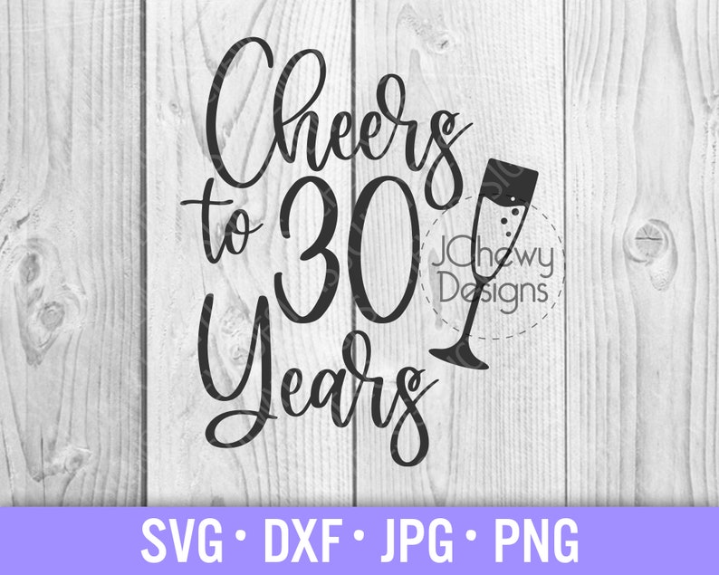 May include: Black and white graphic design with the text "Cheers to 30 Years" and a champagne flute.