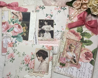 Set of 4 romantic journal ephemera | 2 cards, pocket, envelope | Journaling tags and embellishments | pretty floral pieces for junk journals