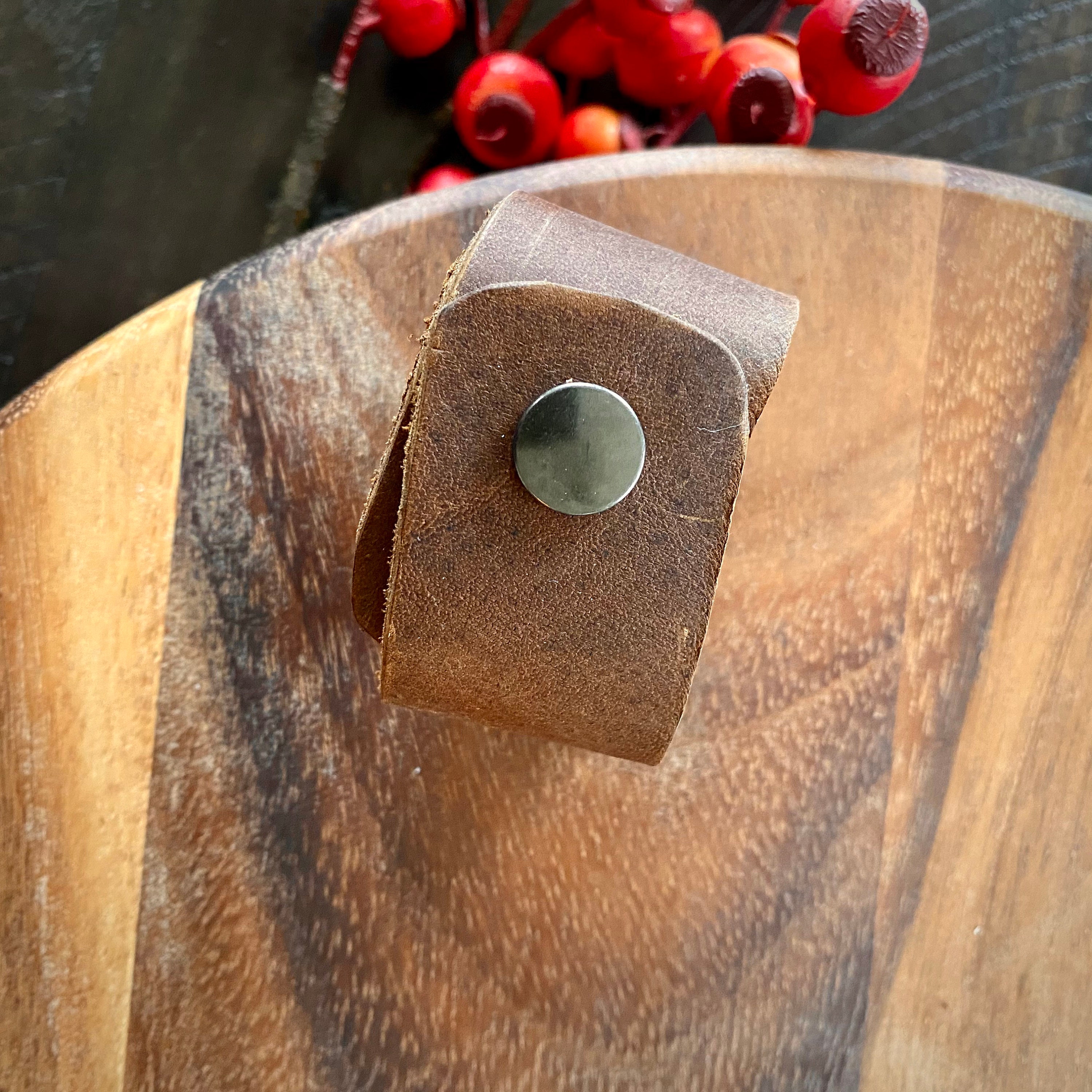 Brown Leather Cuff with Gunmetal Snaps Made from Recycled Etsy