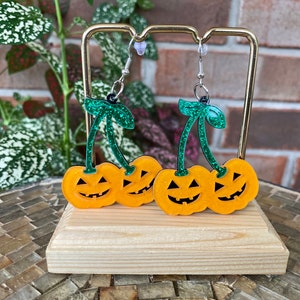 Pumpkin cherry earrings -  Jack-o&#39;-lantern earrings - Cherry earrings - Halloween earrings