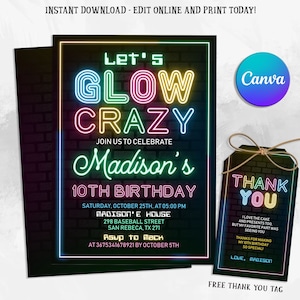 Glow Birthday Party Invitation, Glow Gender Neutral Invites , Glow Party Template, Neon Party Invite, Editable in Canva