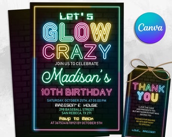Glow Birthday Party Invitation, Glow Gender Neutral Invites , Glow Party Template, Neon Party Invite, Editable in Canva