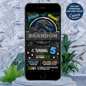 Dinosaur ELectronic Invitation Template, Dinosaur Birthday Phone Invitation, Dinosaur Party Invitation, Editable with Canva