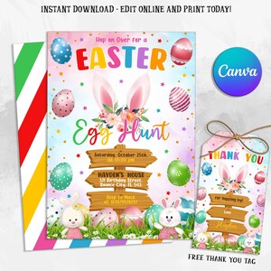 Easter Egg Hunt Invitation, Bunny Invitation, Easter Invitation, Easter Egg thank you tag, Editable in Canva