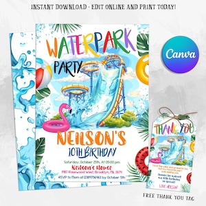 May include: A colorful invitation for a waterpark birthday party. The invitation features a cartoon illustration of a waterpark with a water slide, a flamingo float, and a beach ball. The text on the invitation reads "Waterpark Party Neilson's 10th Birthday".