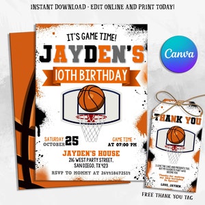 Invitación de baloncesto, invitación de cumpleaños de baloncesto, invitación a fiesta de baloncesto, plantilla de invitación deportiva, editable, imprimible