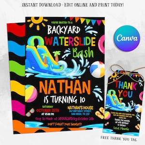 May include: A colorful invitation for a backyard waterslide bash for Nathan's 10th birthday. The invitation features a cartoon waterslide, beach balls, sunglasses, and flip flops. The text on the invitation reads "You're invited to a Backyard Waterslide Bash, Nathan is turning 10, Saturday October 25th at 05:00 PM, Nathan's House 267 Birthday Street, San Diego, TX 237, RSVP to Mack at 3897265215 by October 5th, Don't forget your swimsuit!"