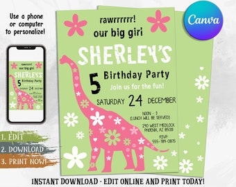 Dinosaur Birthday Party Invitation for Girls, Dinosaur Birthday Invitation, Girl Birthday Invite, Dino Daisy Invitation