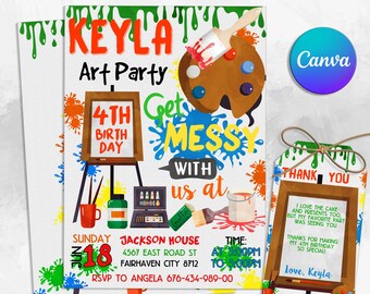 Invitación de arte editable, invitación de fiesta de cumpleaños de pintura, invitación de cumpleaños de fiesta de arte, tema de arte, invitación para niños, invitación de arco iris