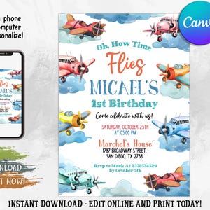 Editable Airplane Invitation, Airplane Birthday Party Invitation Template, Time Flies, Plane Birthday Invite, Kid Birthday Invitation