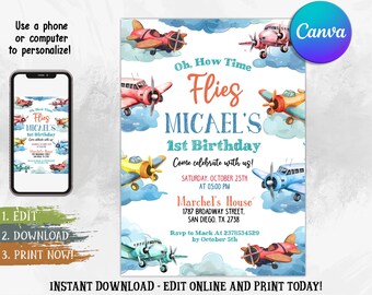 Invitación de avión editable, plantilla de invitación para fiesta de cumpleaños de avión, el tiempo vuela, invitación de cumpleaños de avión, invitación de cumpleaños para niños