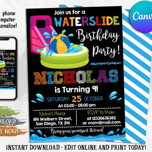 Waterslide birthday party invitation, Water Slide Birthday, Waterslide Party, Water Slide Invite, Instan Download, Editable With Canva