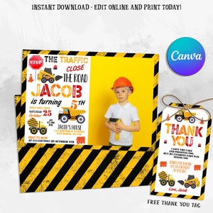 Modern Construction Birthday Invitation, EDITABLE Dump Trucks Party Invite Template, Boy Outdoor Birthday, Excavator, Instant Download