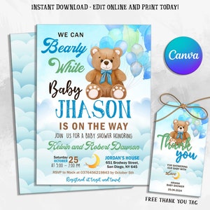 Editable Brown Bear Balloon Baby Shower Invitation, We Can Bearly Wait Baby Shower Invite, Blue Boy Boho Bear Baby Shower, Digital Canva