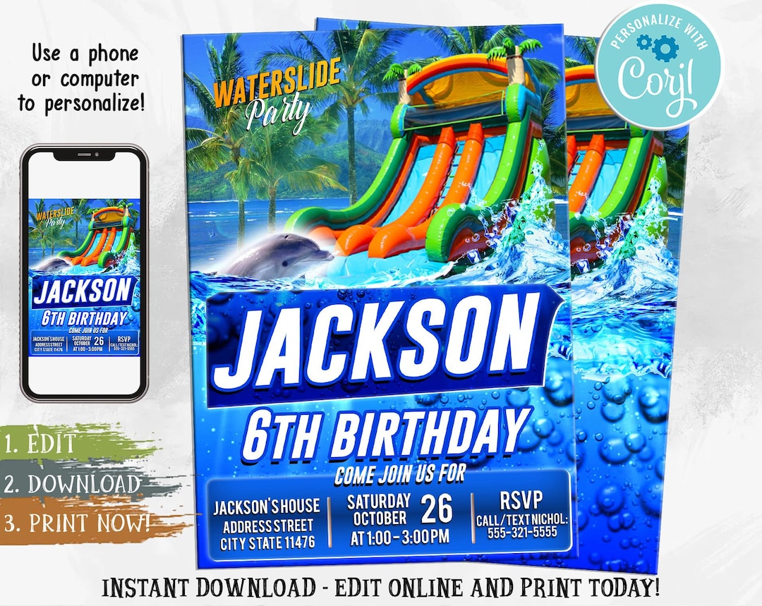 Water Slide Birthday Invitation, Waterslide Birthday Invitation, Water
