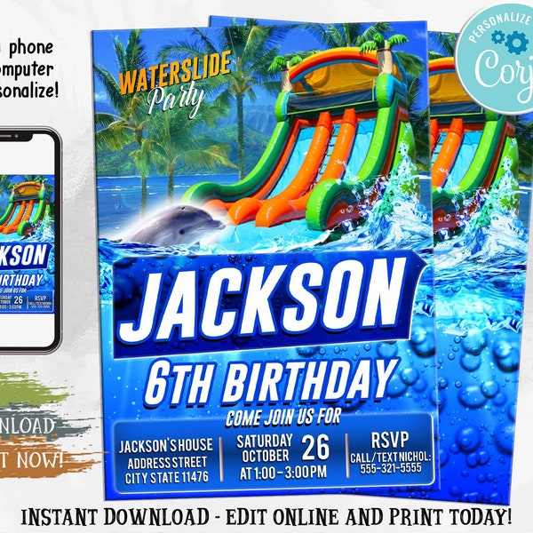Water Slide Birthday Invitation, Waterslide Birthday Invitation, Water Birthday Invitation, Waterslide Birthday Party, Editable with Corjl