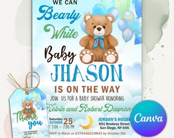 Brown Bear Balloon Baby Shower Invitation, We Can Bearly Wait Baby Shower Invite, Blue Boy Boho Bear Baby Shower, Editable Canva Template