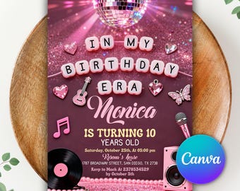 Invitación a la era de mi cumpleaños, fiesta de las eras digitales, era de las showgirls, invitación a la vida de una cumpleañera, gira musical, karaoke, plantilla editable de Canva