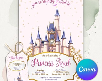 Invito di compleanno a tema castello delle principesse, invito per festa a tema principessa reale, tema compleanno castello magico, C'era una volta, modello Canva modificabile