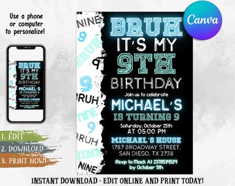 Junge 9. Geburtstagseinladung: Bruh-Thema, bearbeitbare Vorlage (digitaler Download)