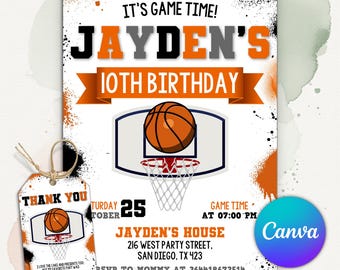 Basketball Birthday Invitation, Sports Party Invite, Boys Girl Bday Card, Digital Download, Editable Canva Template