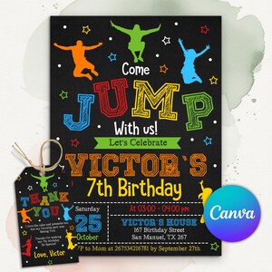Convite de aniversário com tema de pula-pula, convite para festa na cama elástica, festa de aniversário "Vamos pular!", convite para festa em pula-pula inflável, modelo editável do Canva