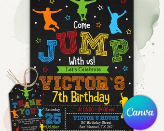 Jump-Geburtstags-Einladung, Trampolin-Party einladen, Let's Jump Party-Geburtstag, Hüpf-Haus-Einladung, bearbeitbare Canva-Vorlage