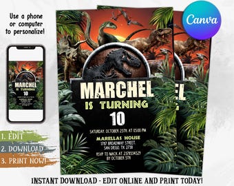 Convite de dinossauro editável, convite para o mundo dos dinossauros, convite para festa de aniversário de dinossauro, aniversário de qualquer idade do Jurrasic, convite para festa do T-Rex