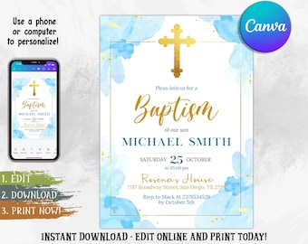 Modern Baptism Invitation Template, Boy Baptism Invitation Phone, Blue Watercolor Boys Gold Baptism Evite, Digital Invite Christening Canva