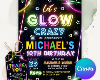 Glow Crazy Geburtstagseinladung, Neonlichter Party einladen, Neon Glow Party Geburtstag, Kindereinladung, bearbeitbare Canva Vorlage