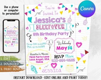 Puede incluir: Una invitación imprimible para una fiesta de pijamas para un octavo cumpleaños. La invitación está diseñada para parecerse a una página de cuaderno con garabatos y texto coloridos. La invitación dice "You're Invited To Jessica's Sleepover 8th Birthday Party" e incluye la fecha, la hora y la información de RSVP.