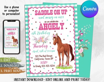 Horse Birthday Invitation, Cowgirl Birthday Invitation, Country Western, Horse Invitation, Editable invite , Saddle on up, Instant Download