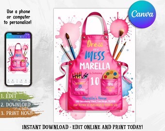 Bewerkbare kunst verjaardagsuitnodiging canvassjabloon, schilderij feestuitnodiging, laten we schilderen digitale uitnodiging, kleurrijke aquarel kunst bash